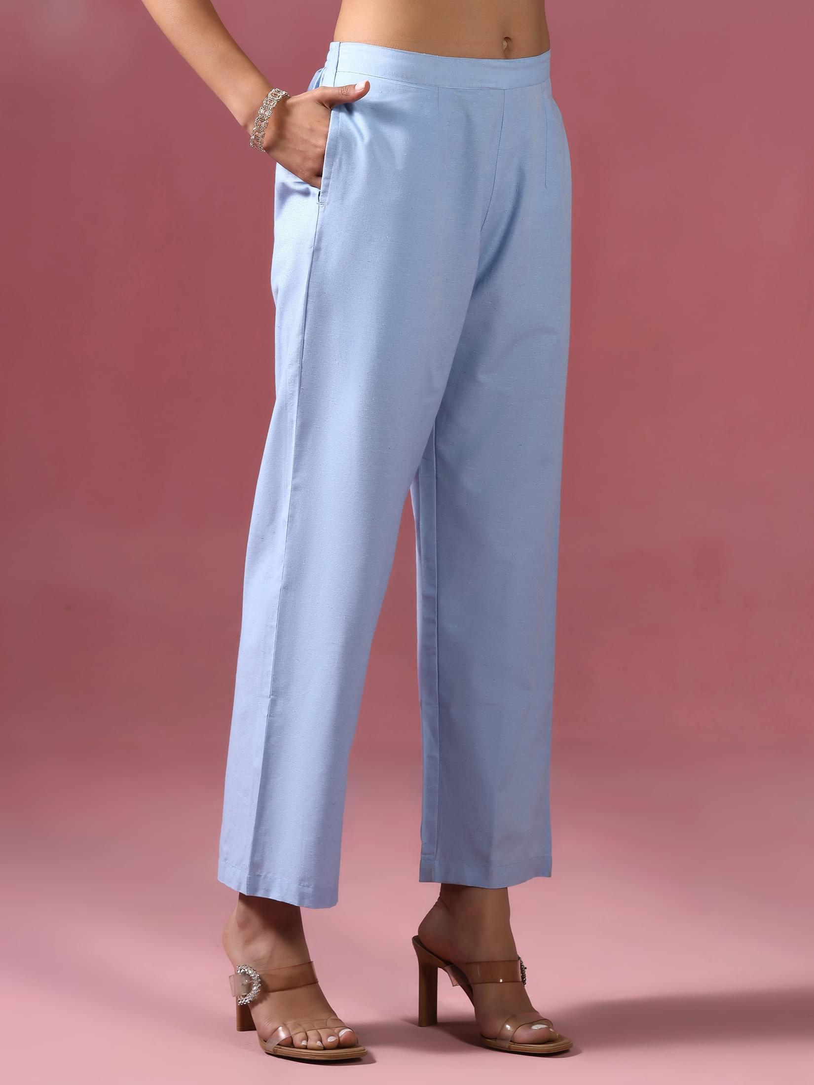 Women Poly Cotton Blue Embroidered Kurta Comfort Pant Dupatta