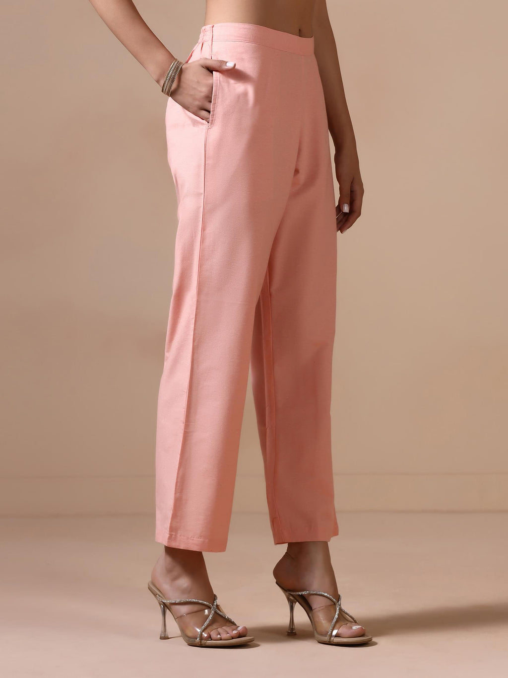 Women Poly Cotton Peach Embroidered Kurta Comfort Pant Dupatta