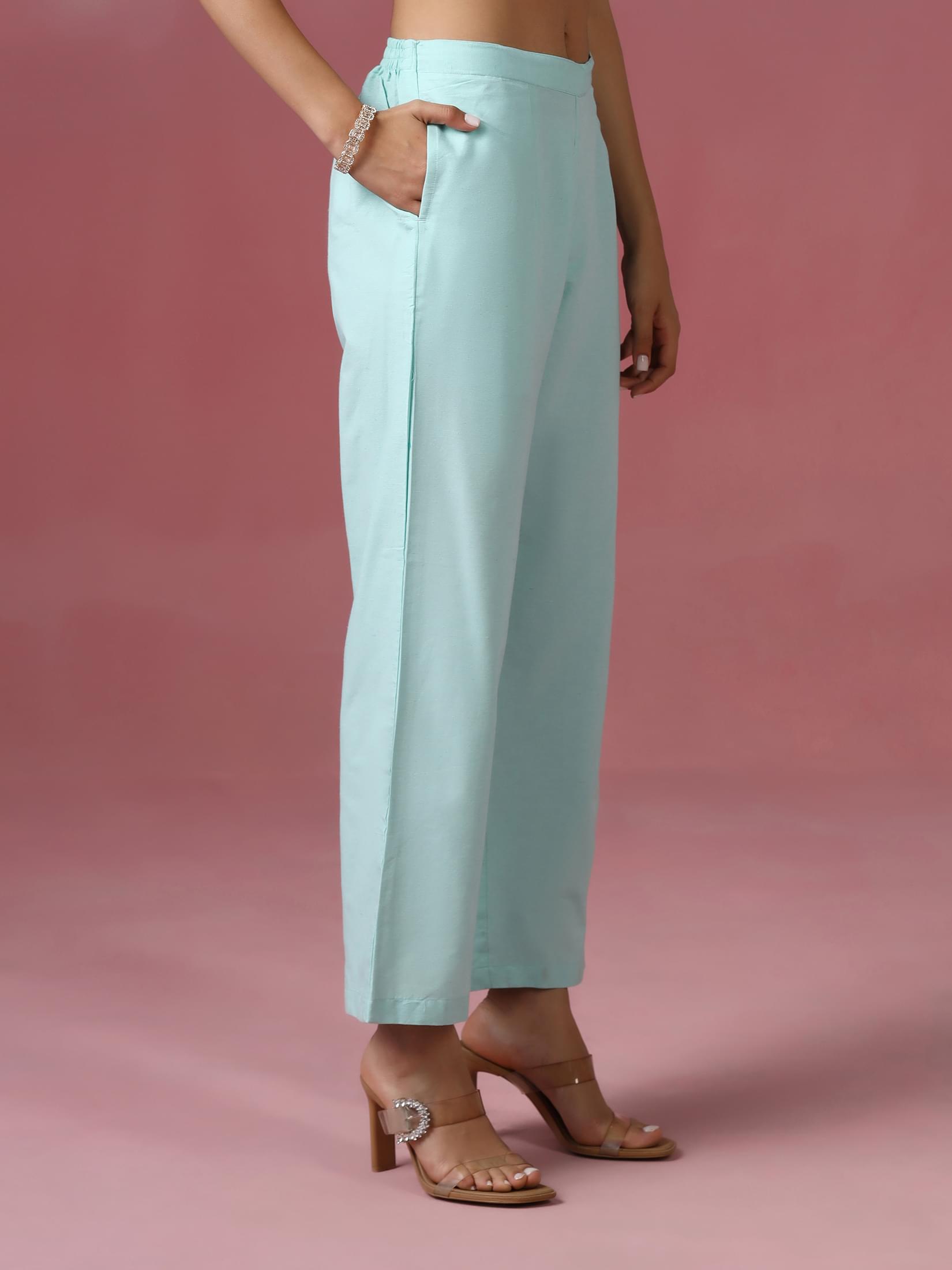 Women Poly Cotton Green Embroidered Kurta With Comfort Pant