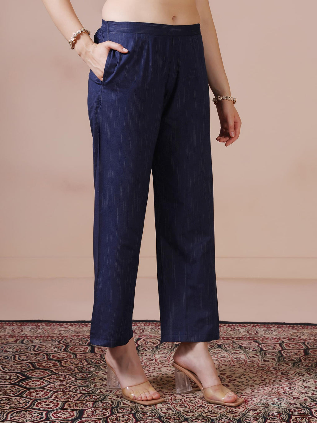 Women Poly Cotton Navy Blue Embroidered Kurta Comfort Pant Dupatta