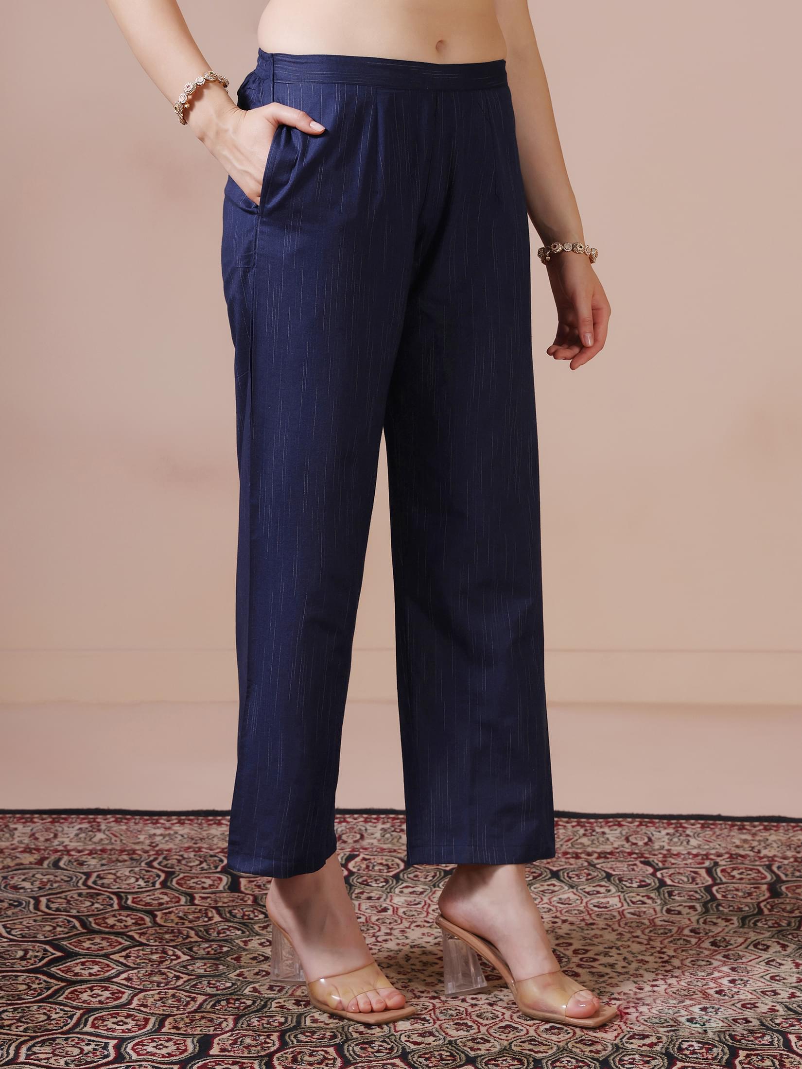 Women Poly Cotton Navy Blue Embroidered Kurta Comfort Pant Dupatta