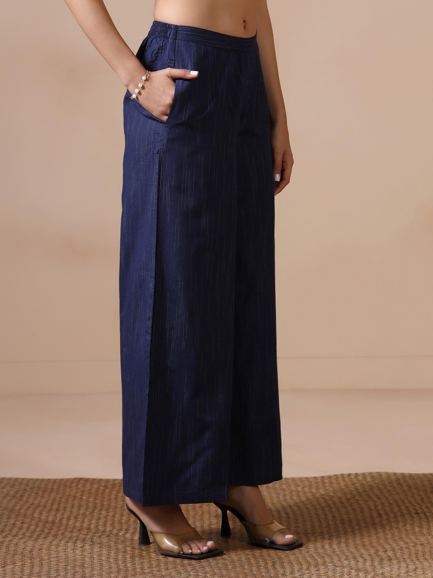 Women Poly Cotton Navy Blue Yarn Dyed Kurta With Wide Leg Pant