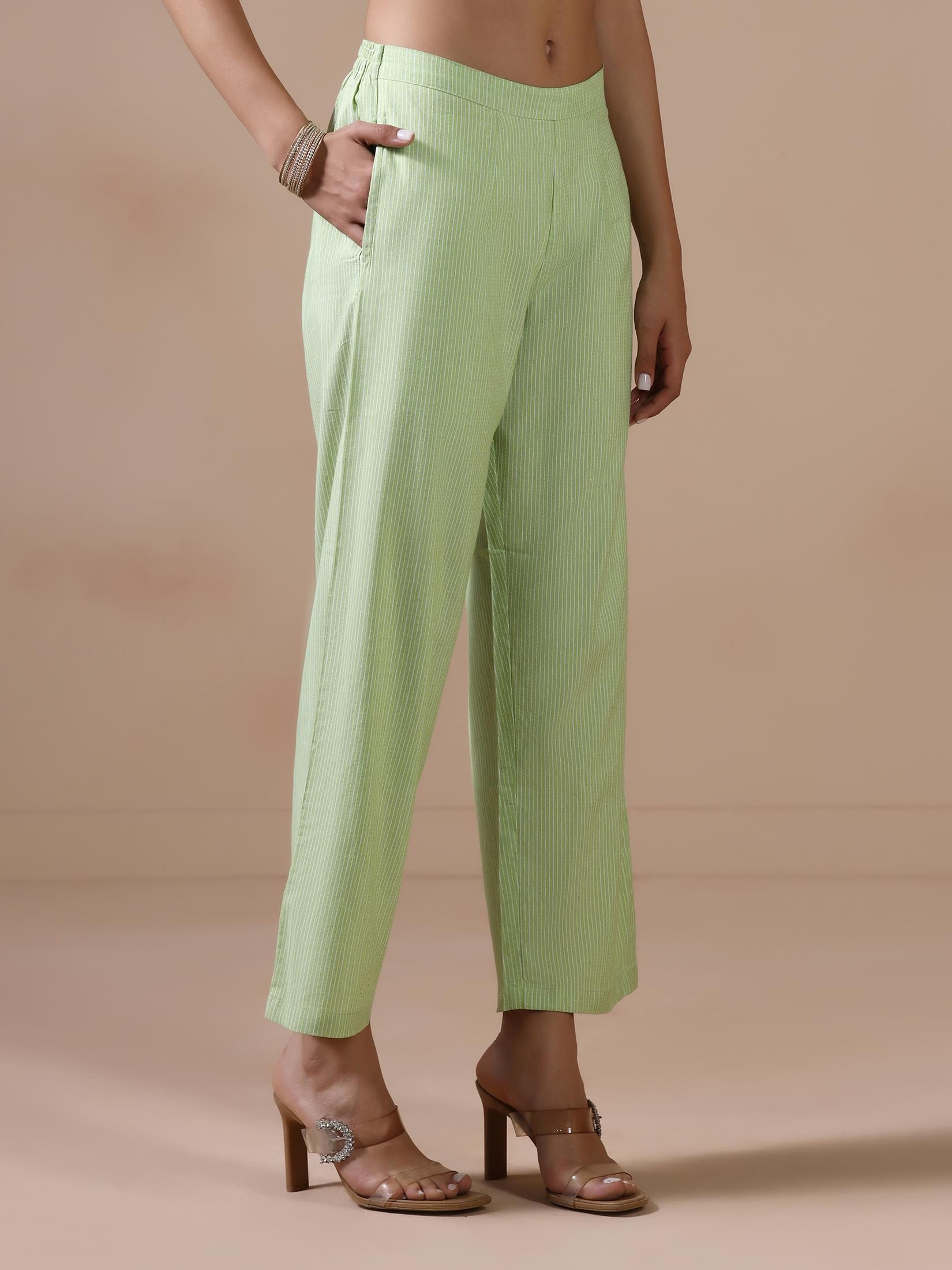 Women Poly Cotton Green Embroidered Yarn Dyed Kurta Comfort Pant Dupatta