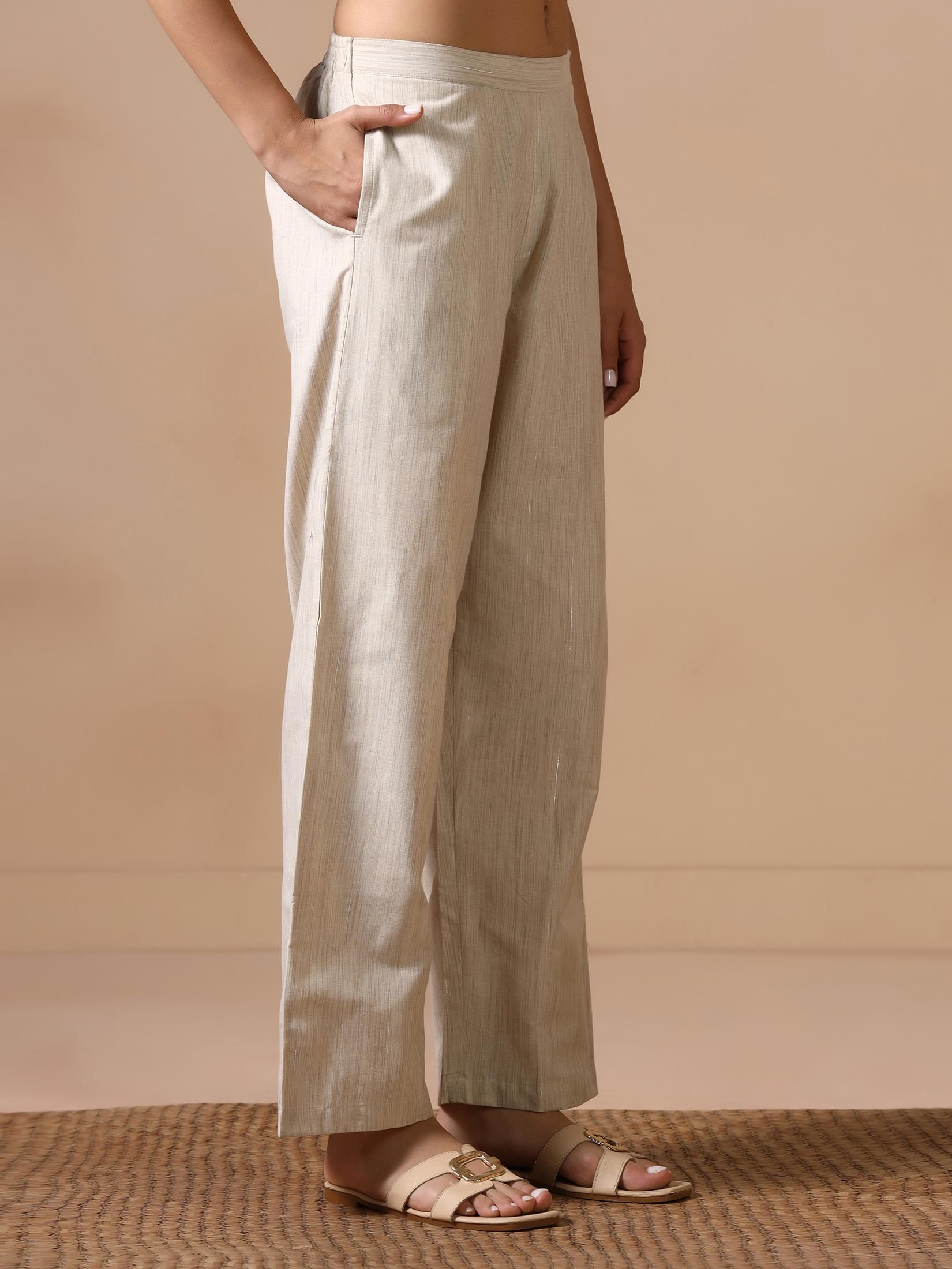 Women Poly Cotton Beige Embroidered Kurta Comfort Pant Dupatta